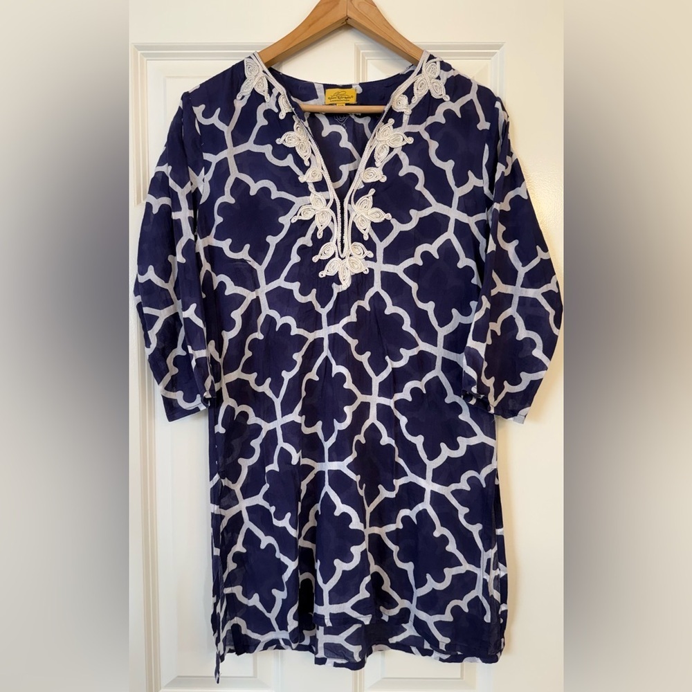 Roberta Roller Rabbit XS Navy White Tunic Embroidered Boho Resort Cover Up - Picture 2 of 10